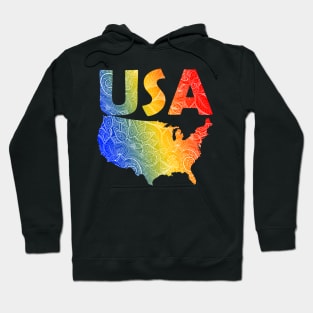 Colorful mandala art map of the United States of America with text in blue, yellow, and red Hoodie